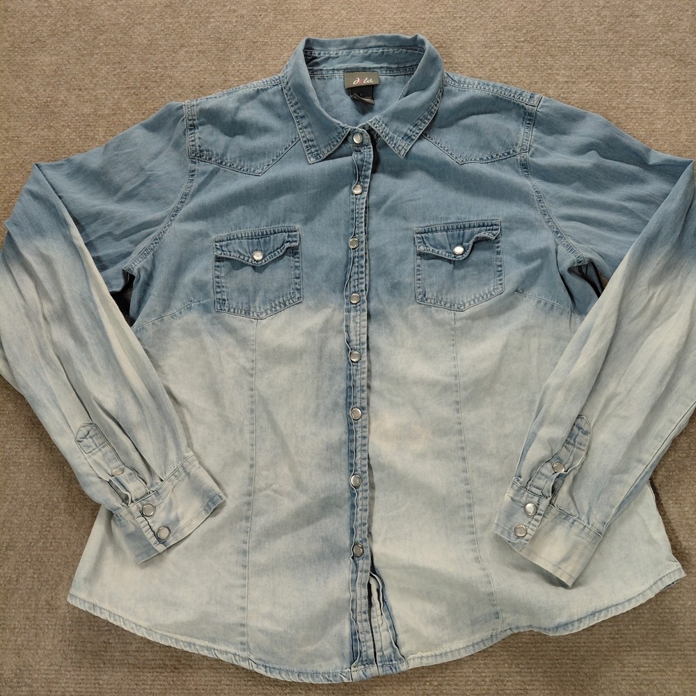 Vintage DOTS Ombre Blue Denim Pearl Snap Women's LARGE Long Sleeve Western Shirt